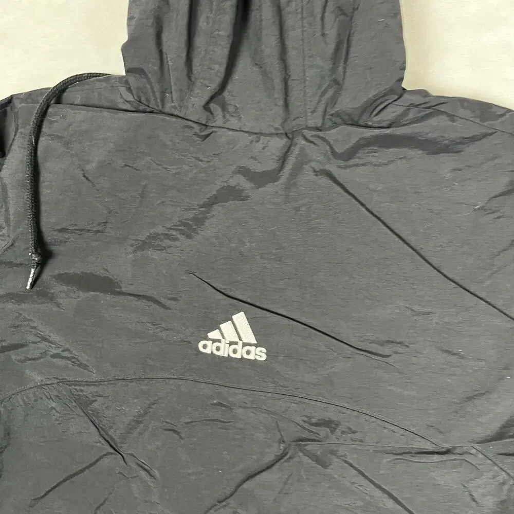 Vintage Adidas Jacket Mens Medium Black Hooded Windbreaker Full Zip 3 Stripes